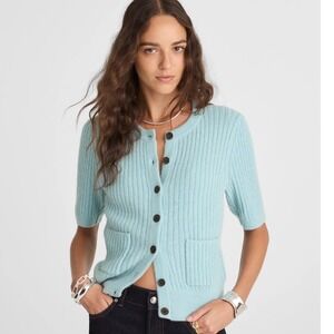 Madewell Patch Pocket Puff Sleeve Cardigan Womens Small Mint Blue Ribbed Alpaca